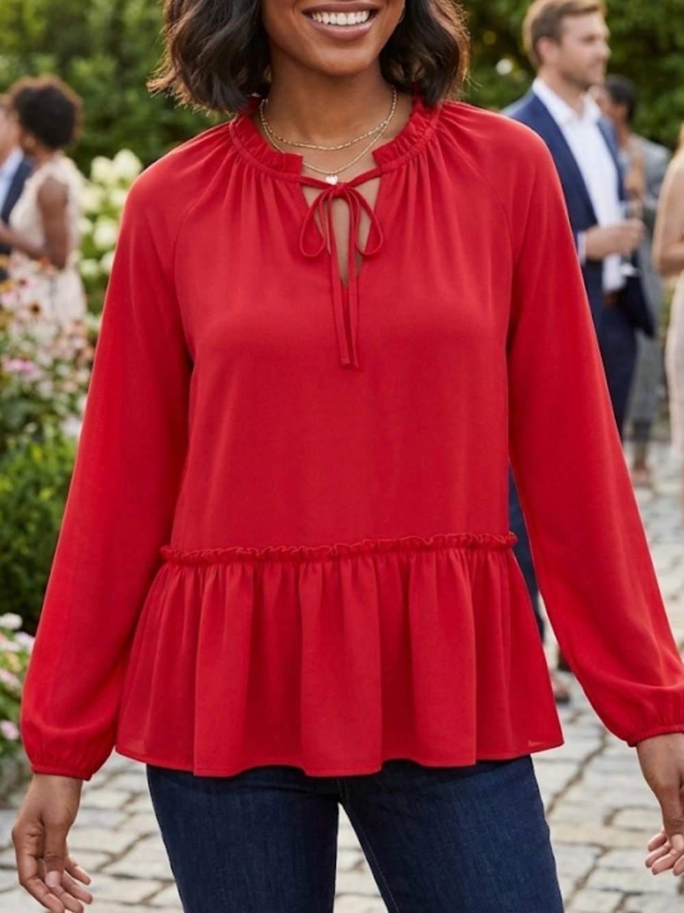 LOFT Red Peplum Tie-Neck Blouse